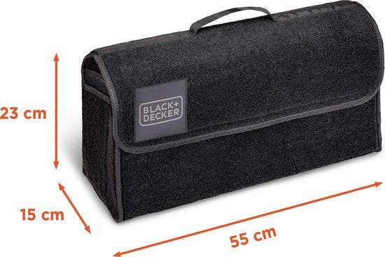 BLACK+DECKER Trunk Organiser - Sac de coffre - 55 x 15 x 23 CM - 1 grand compartiment et 2 inserts - Shopping et accessoires de voiture - Avec Velcro - Noir