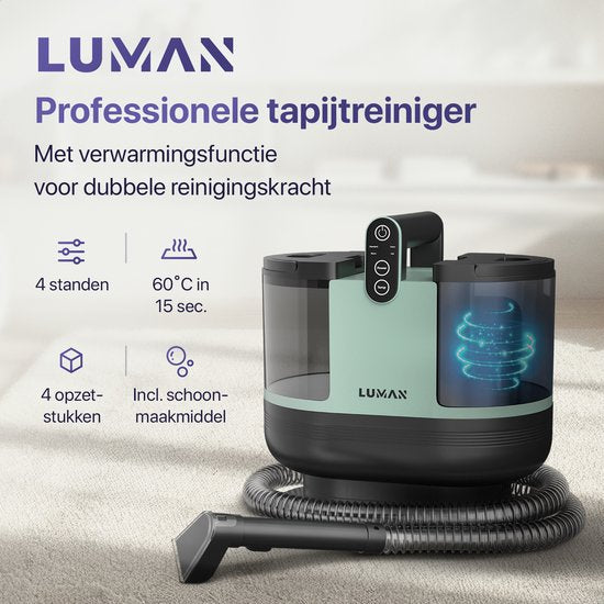 LUMAN Nettoyeur de tapis 4 en 1 - Fonction chauffante et autonettoyante - Nettoyeur de taches - Nettoyeur de sièges - Nettoyeur pour canapé, sol, voiture et tapis - 4 brosses - Produit nettoyant inclus - Cordon de 7 mètres