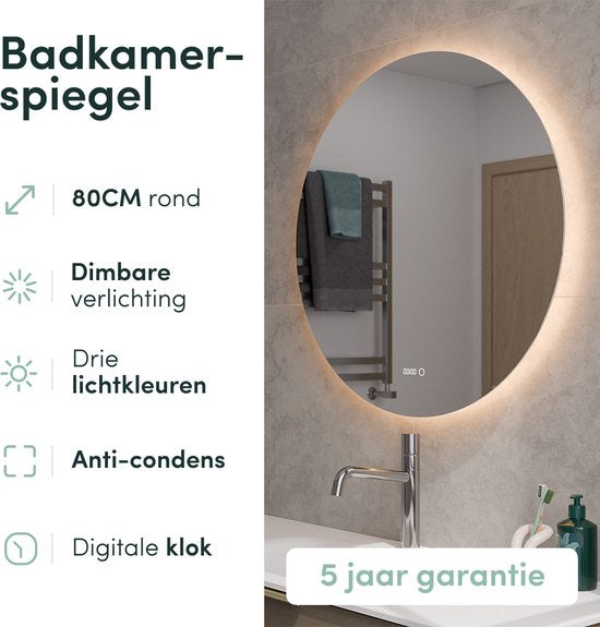 Nolt Miroir de salle de bain avec éclairage - Miroir de salle de bain rond - Chauffage - Horloge - LED - 80 cm