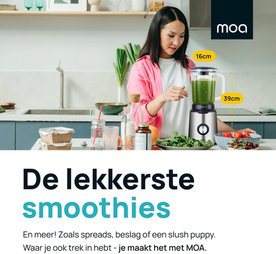 MOA Blender - Smoothie Maker avec gobelet en verre de 1.5L - Pour crème glacée, fruits congelés, noix - Mini - 1020W - Acier inoxydable - Argent
