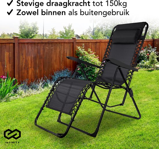 Infinity Goods Opvouwbare Tuinstoelen set van 2- Ligstoelen - Opvouwbaar - Verstelbaar - Ergonomisch Hoofdkussen - Metaal - Textileen - Zwart