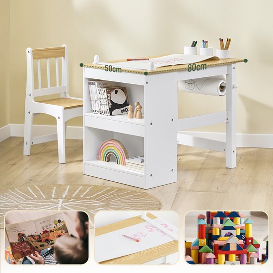 SoBuy KMB60-WN Table et chaise pour enfants, ensemble 2 pièces, table et chaise pour enfants, bureau avec 2 étagères, porte-papier et compartiments de rangement, blanc/naturel, 80 x 50 x 66 cm