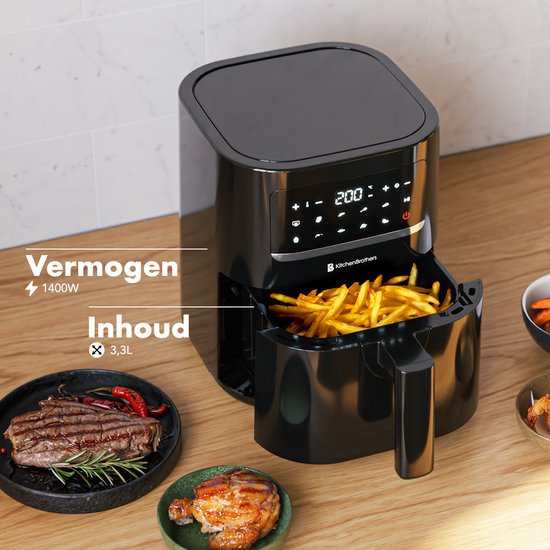 Airfryer - KitchenBrothers - 3.3L - 1400W - Friteuse à air chaud - 50ºC à 200ºC - Compacte - 10 Programmes de cuisson - Noir