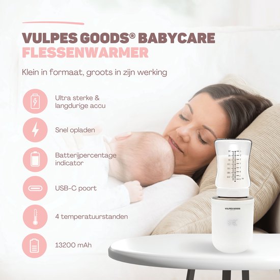 Vulpes Goods® BabyCare - Chauffe-biberon Pro Max- Chauffe-biberon portable pour les voyages - Chauffe-biberon intelligent - 4 niveaux de température - Sans fil - 6 adaptateurs inclus - Rechargeable par USB - 13 200 mAh - Blanc