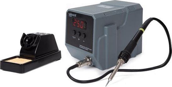 Station de soudage Velleman avec écran LED et élément chauffant en céramique, 90 W, plage de température 50-480 °C, convient aux professionnels et aux bricoleurs, gris