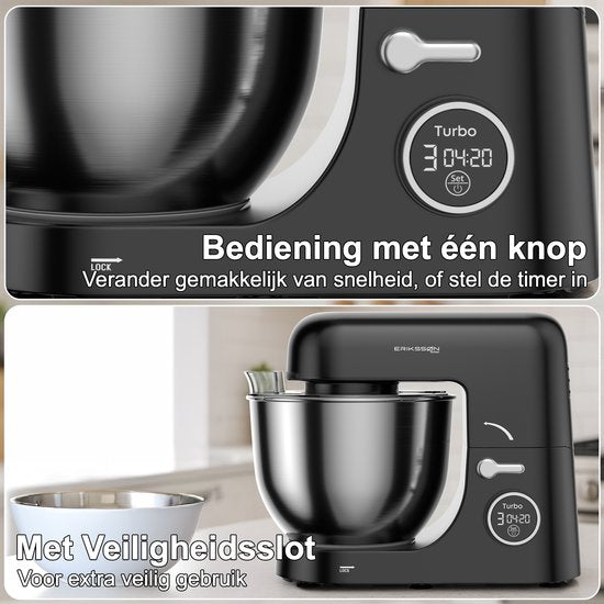 Robot de cuisine Erikssøn - 8 vitesses avec minuterie - 5L avec bol de mixage - 1400W - Robot de cuisine - Mixeur de cuisine - Robot de cuisine - Noir