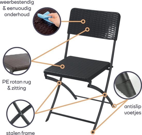 Perel Chaise pliante, pliable, utilisation intérieure et extérieure, résistante aux intempéries, aspect rotin, maximum 300 kg, noir, robuste, chaise d'extérieur, chaise de patio, mobilier de jardin, pliable et moderne, 44,5 x 50 x 81 cm