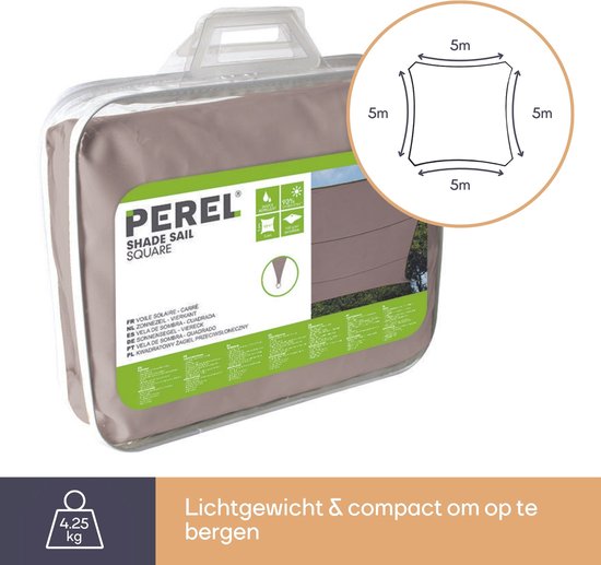 Perel Toile d'ombrage, hydrofuge, 5 x 5 m, 160 g/m², polyester, carré, taupe