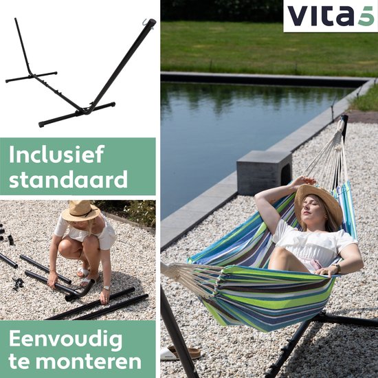Vita5 Hamac avec support - 2 personnes - longueur réglable - sac de transport inclus - poids 205 kg - bleu/vert