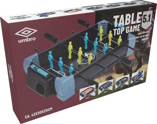 Modèle de table de football de table Umbro - Jeu de table 5 en 1 - 40 x 30 x 25 CM - Jeu de football de table - Football, Hockey, Basketball, Tennis et Bowling - Noir/Bleu