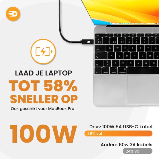 Drivv. Câble USB C vers USB C 3.2 - Chargeur rapide 100w - 3 mètres - 4K 60Hz - 20 Go - Convient à Samsung, Macbook, iPhone 15 et autres - Câble en nylon - Noir