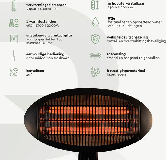 BRASQ Chauffe-terrasse électrique sur pied PHS100 - Chauffe 2000W - 3 niveaux de chaleur - Réglable - Résistant aux éclaboussures - Pour l'intérieur et l'extérieur - Noir