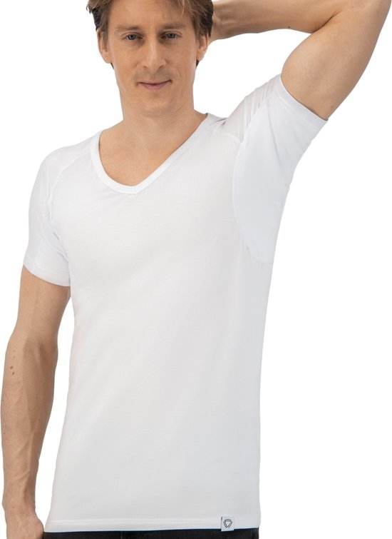 Anti Sweat Shirt - Fibershirts® - Coussinets d'aisselles cousus - Maillot de corps - Blanc - Col en V - Hommes - Taille L