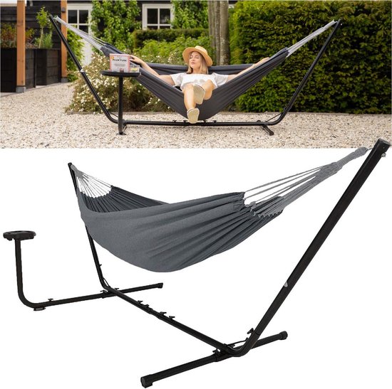 Vita5 Hamac avec support 2 personnes - Porte-gobelet inclus - Poids 205 kg - Gris foncé - Longueur ajustable - Sac de transport inclus
