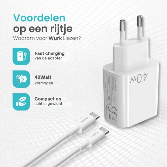 Wurk - Chargeur super rapide pour Apple iPhone, iPad et Airpods - Chargeur 40W - Câble USB C de 2 mètres - Chargeur adapté aux 15/16 plus/pro