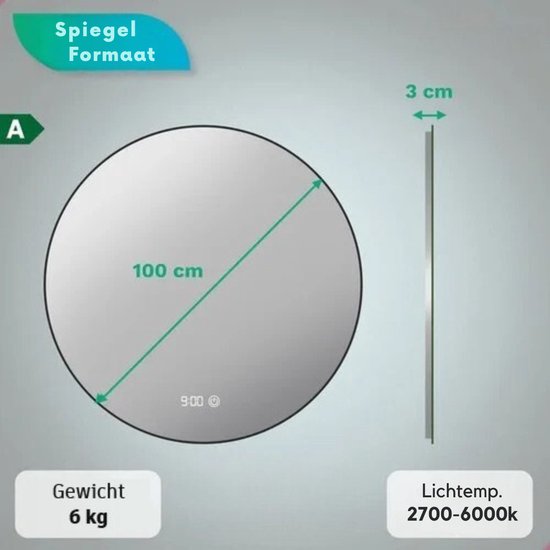 Mirlux Miroir de salle de bain avec éclairage LED et chauffage - Miroir mural rond - Miroir de douche anti-condensation - Noir mat - 100CM