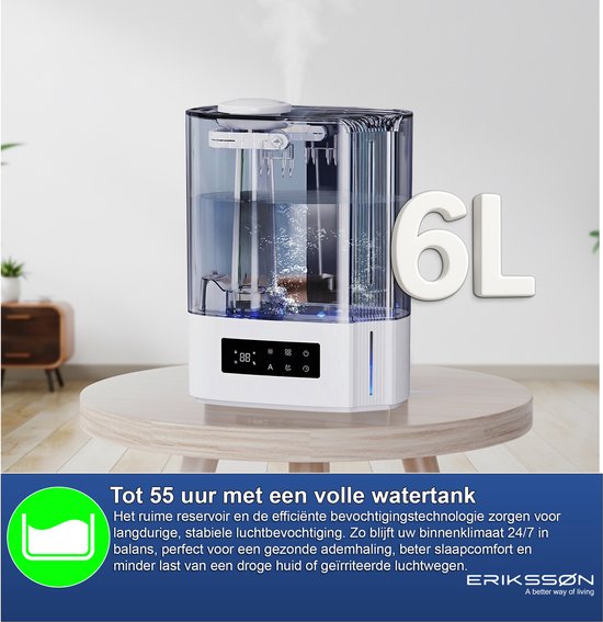 Erikssøn Humidificateur Hydra Comfort - 6 litres - Convient au salon, au bureau, à la chambre à coucher, à la chambre de bébé - Avec aromathérapie - Blanc