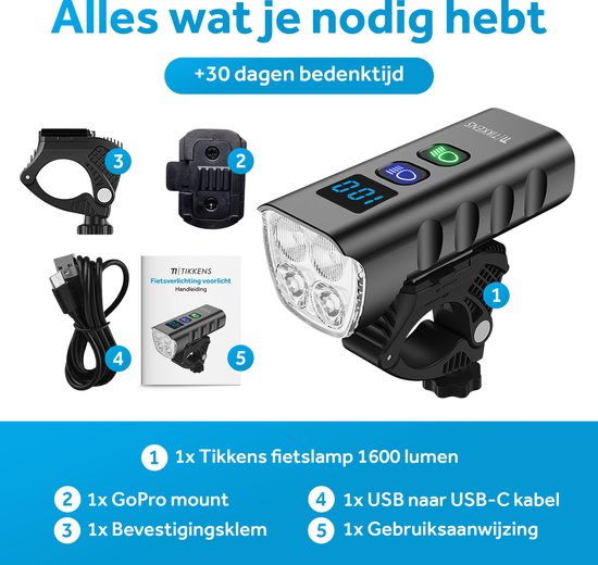Tikkens Lampe LED pour vélo 1600 Lumen - Lampe de vélo USB rechargeable - Lampe de vélo avec Powerbank - Lampe avant VTT et vélo de route - Lampe de vélo étanche