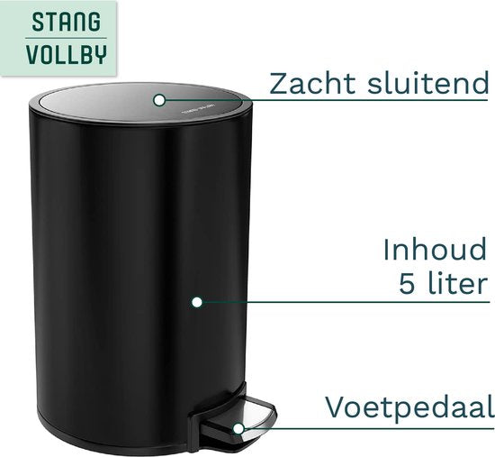 RodVollby Kallax Pedal Bin - 5 Liter - Stainless Steel - Black - Trash Bin - Toilette - Salle de bain - Petit - Soft Close Lid