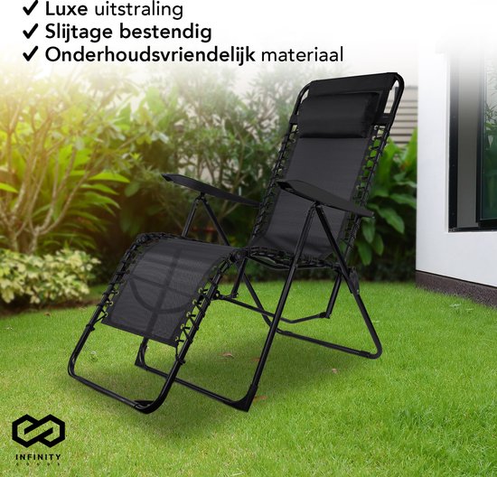 Infinity Goods Opvouwbare Tuinstoelen set van 2- Ligstoelen - Opvouwbaar - Verstelbaar - Ergonomisch Hoofdkussen - Metaal - Textileen - Zwart