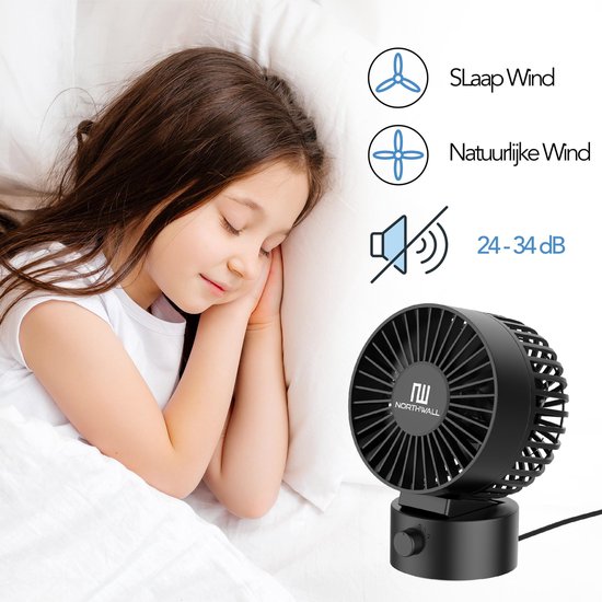 Northwall Mini ventilateur USB - Ventilateur de table noir - Mini ventilateur silencieux - Ventilateur de bureau rétro - Petit, silencieux et silencieux - Deux moteurs - inclinable - 2 vitesses