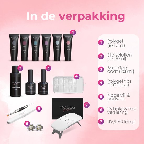 Moods Gellac - Luxury Polygel Set - Polygel Nails Starter Pack - Inclut une lampe UV LED - 6 couleurs - Gris Nude