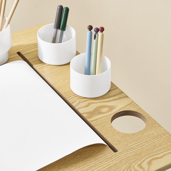 SoBuy KMB60-WN Table et chaise pour enfants, ensemble 2 pièces, table et chaise pour enfants, bureau avec 2 étagères, porte-papier et compartiments de rangement, blanc/naturel, 80 x 50 x 66 cm