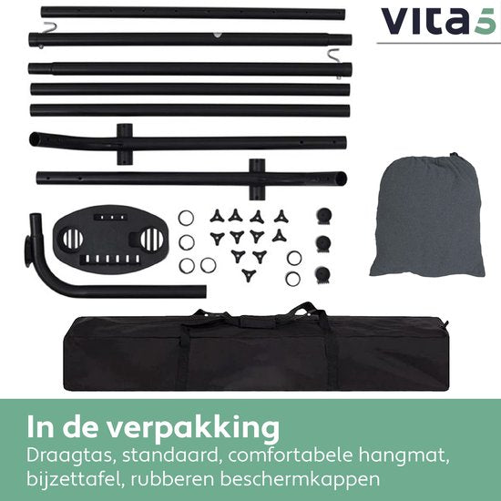 Vita5 Hamac avec support 2 personnes - Porte-gobelet inclus - Poids 205 kg - Gris foncé - Longueur ajustable - Sac de transport inclus