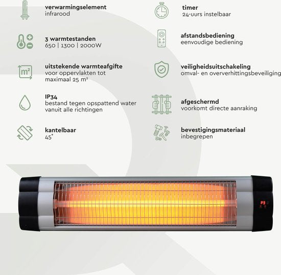 BRASQ Electric Terrace Heater Pendant PHW200 - Chauffage infrarouge 2500W - avec télécommande et minuterie - 3 niveaux de chaleur - Pour l'intérieur et l'extérieur - Résistant aux éclaboussures - Noir