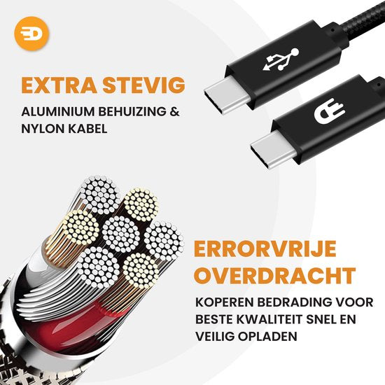 Drivv. Câble USB C vers USB C 3.2 - Chargeur rapide 100w - 3 mètres - 4K 60Hz - 20 Go - Convient à Samsung, Macbook, iPhone 15 et autres - Câble en nylon - Noir