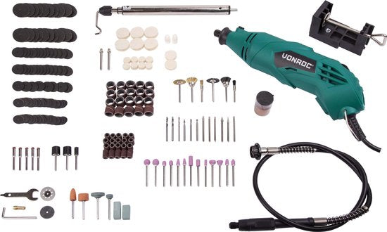 VONROC Multitool - Rotatif - 160W - 232 accessoires, 2 embouts, manche flexible et sac de rangement inclus