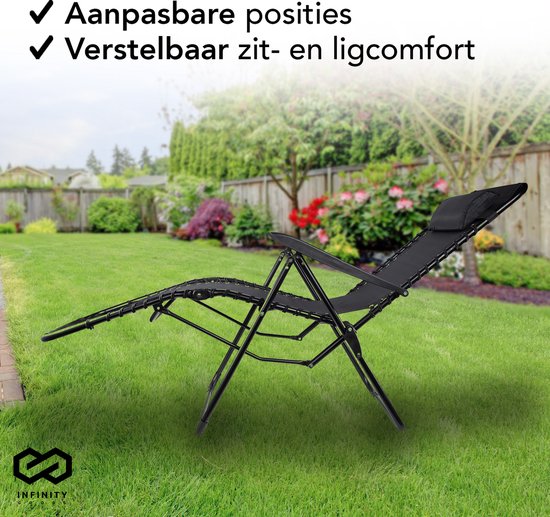 Infinity Goods Opvouwbare Tuinstoelen set van 2- Ligstoelen - Opvouwbaar - Verstelbaar - Ergonomisch Hoofdkussen - Metaal - Textileen - Zwart