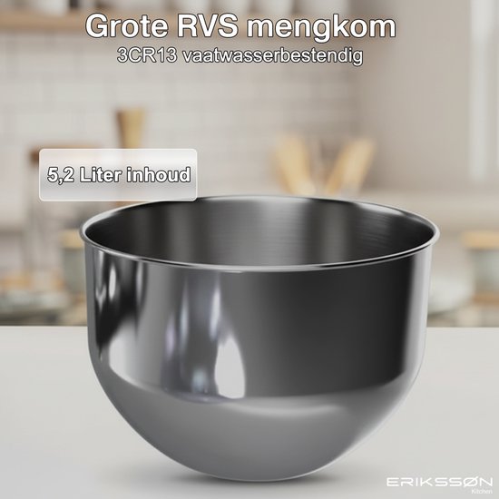Robot de cuisine Erikssøn - 8 vitesses avec minuterie - 5L avec bol de mixage - 1400W - Robot de cuisine - Mixeur de cuisine - Robot de cuisine - Noir