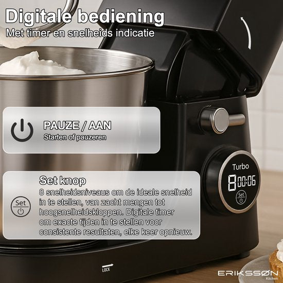 Robot de cuisine Erikssøn - 8 vitesses avec minuterie - 5L avec bol de mixage - 1400W - Robot de cuisine - Mixeur de cuisine - Robot de cuisine - Noir