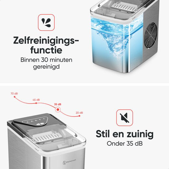 Machine à glaçons Kitchenwell - 2L - 12kg/24 heures - Fonction autonettoyante - Argenté