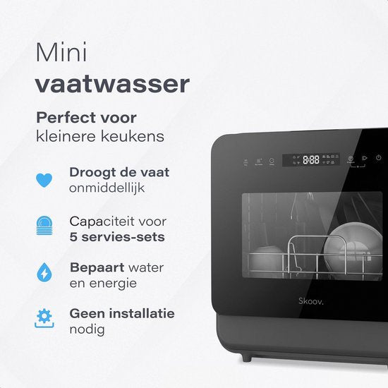 Skoov Mini lave-vaisselle avec réservoir d'eau PRO - 3 couverts - 6 programmes de lavage - Petit lave-vaisselle étroit à poser - Camping - Noir