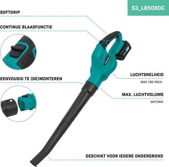 VONROC Souffleur de feuilles sans fil 20V - Vitesse d'air 180 km/h - Volume d'air 5m3/min - Batterie 4.0Ah et chargeur rapide inclus