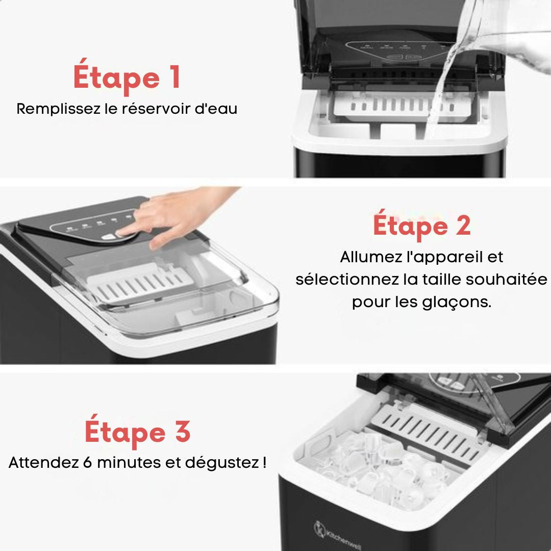 Machine à glaçons Kitchenwell - 2L - avec pelle à glace - 12kg/24 heures - Fonction auto-nettoyante - Noir