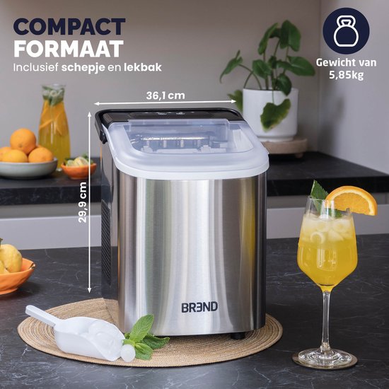 BREND BR-2213 Machine à glaçons avec cuillère et plateau d'égouttage - Grands L ou petits S glaçons - Machine à glaçons portable - 10 kg en 24 heures - Argenté