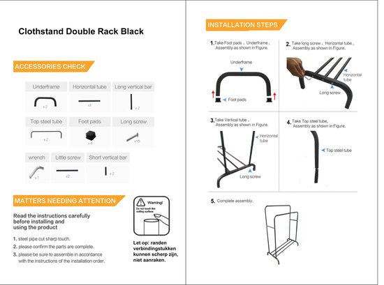 O'DADDY® Porte-manteau métal xl - porte-manteau noir - jusqu'à 25 kg par tube - double tringle à vêtements - porte-manteau avec porte-chaussures - Porte-manteau double - 110 x 54 x (130-150) cm