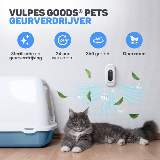 Vulpes Goods® Pets - Éliminateur d'odeurs de bac à litière - Éliminateur d'odeurs de chat - Oxygène actif, ozone et ions - Rechargeable - Éliminateur d'air - Blanc - Version PRO