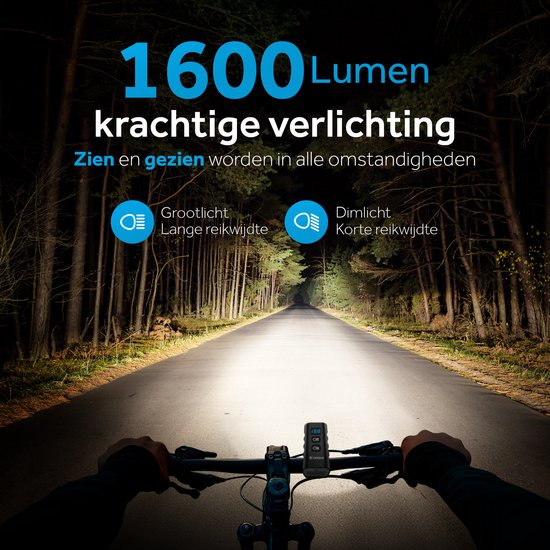 Tikkens Lampe LED pour vélo 1600 Lumen - Lampe de vélo USB rechargeable - Lampe de vélo avec Powerbank - Lampe avant VTT et vélo de route - Lampe de vélo étanche