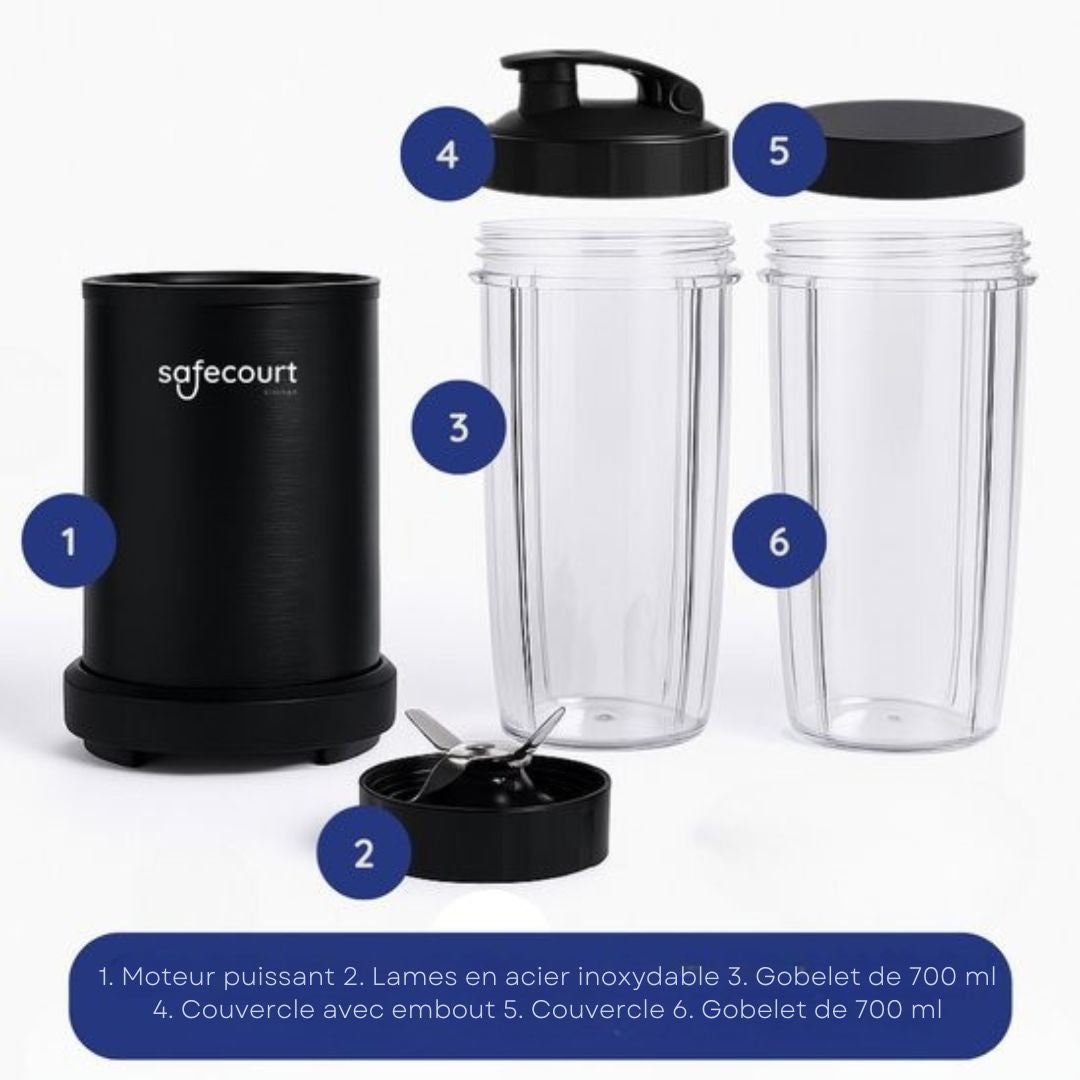 Mixeur - Safecourt Kitchen - Smoothie Blender - Blender 1200W - Incl. des gobelets à emporter - Noir