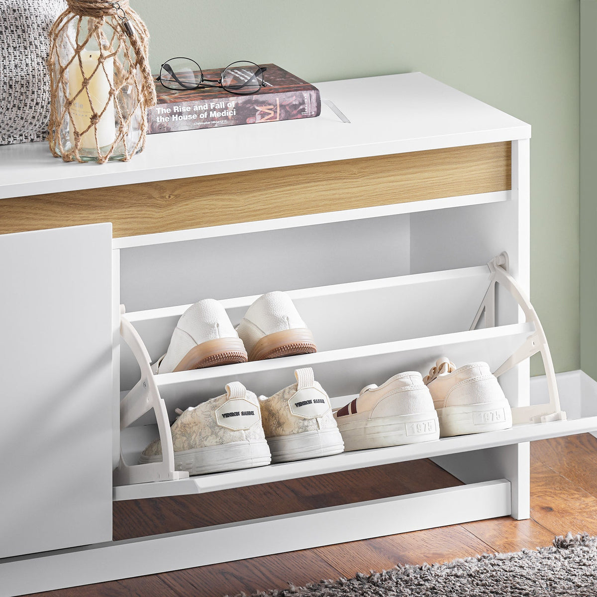 SoBuy Meuble à chaussures avec banc - blanc - 104x30x47 cm - 2 tiroirs - design moderne