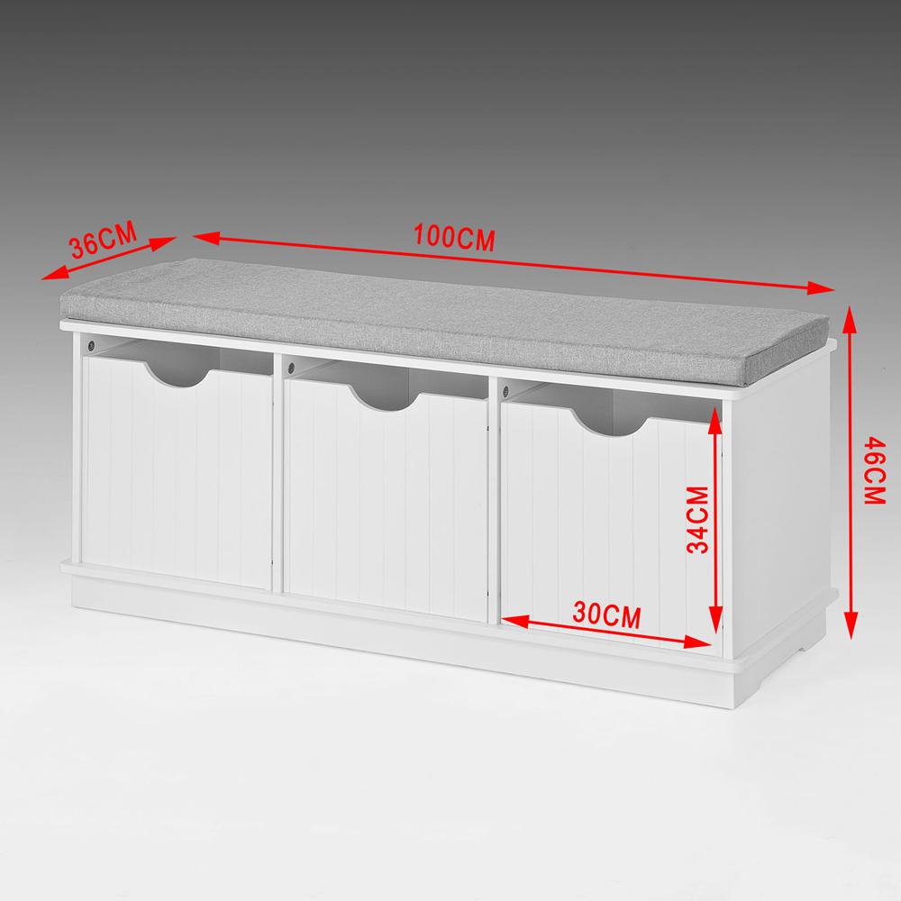 SoBuy Meuble à chaussures avec assise rembourrée - 3 paniers -Rural - Max. 120 kg -100 x 36 x 46 cm - Blanc / Gris