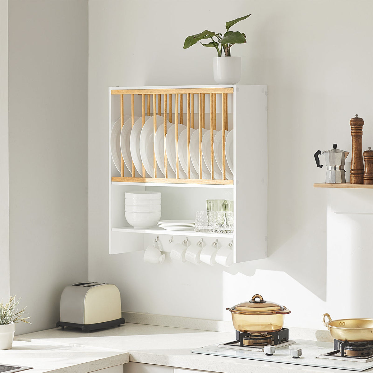 SoBuy Meuble de rangement avec support pour assiettes - Max. 10 kg - 64 x 24 x 71 cm - Blanc/ Naturel
