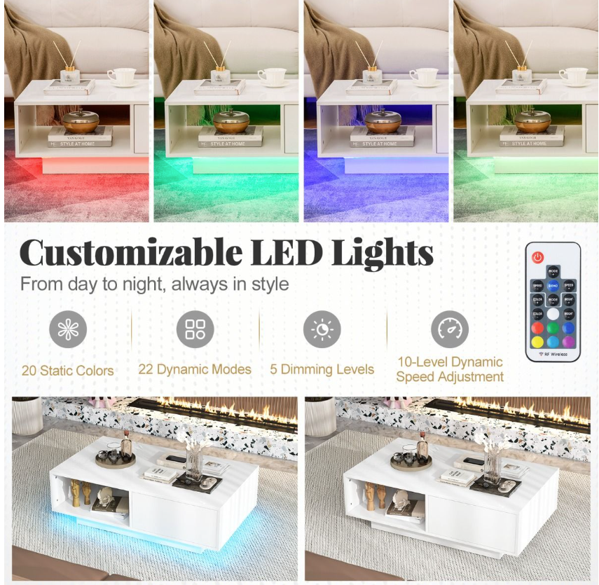 Coast Table basse LED High Gloss - Avec télécommande, tiroir et compartiment ouvert - 95 x 55 x 31 cm - MDF/Bois composite - Blanc