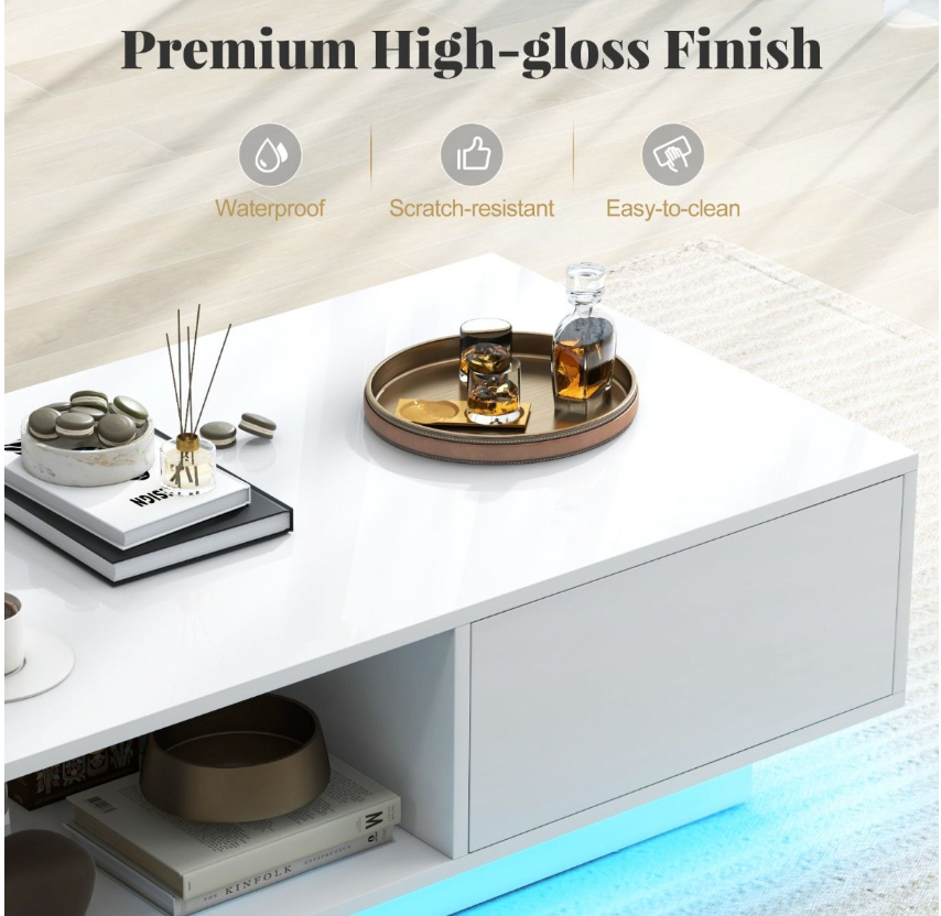 Coast Table basse LED High Gloss - Avec télécommande, tiroir et compartiment ouvert - 95 x 55 x 31 cm - MDF/Bois composite - Blanc