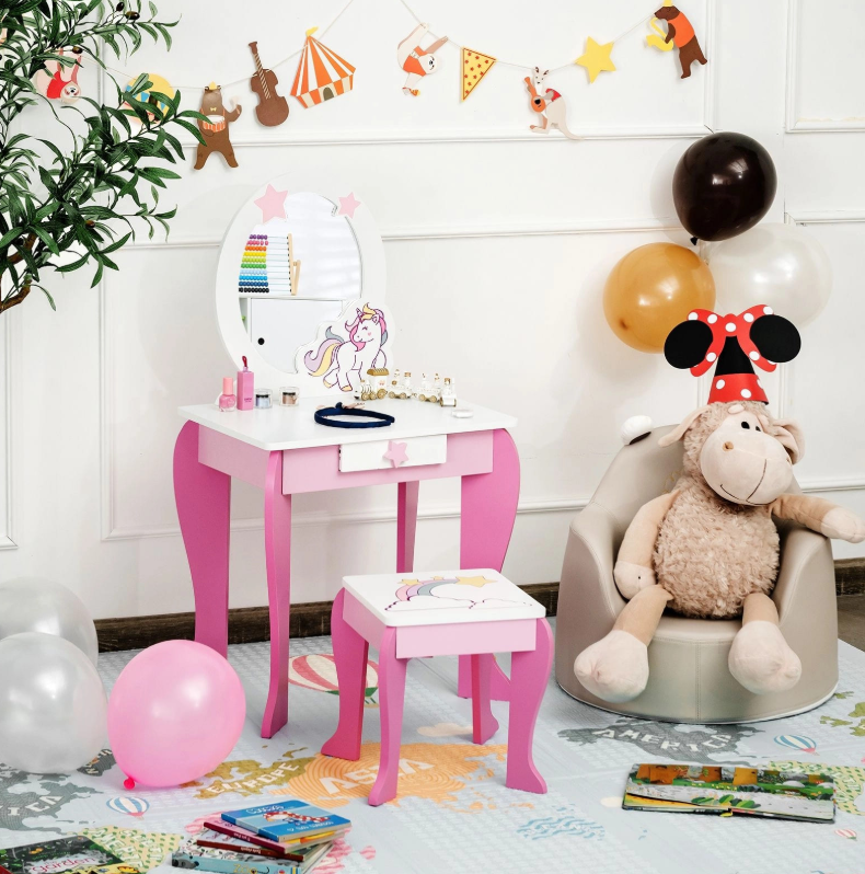 costway coiffeuse pour fille - blanc avec rose - 49,5 x 35,5 x 89 cm