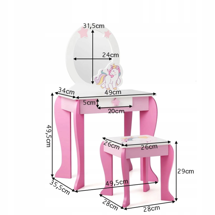 costway coiffeuse pour fille - blanc avec rose - 49,5 x 35,5 x 89 cm
